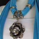 WOMEN FASHION SOFT FABRIC L. BLUE SCARF LONG NECKLACE BIG METAL FLOWER PENDANT