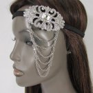 New Women Elastic Band Metal Side Head Chain Fashion Jewelry Silver Rhinestones