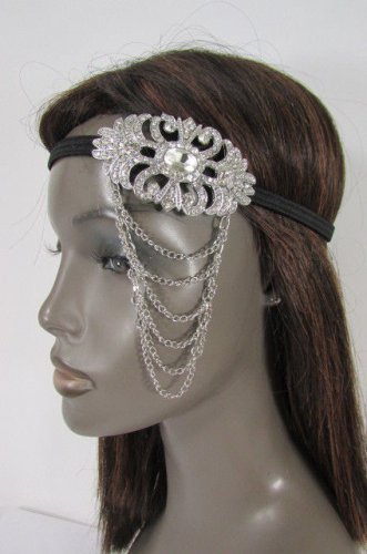 New Women Elastic Band Metal Side Head Chain Fashion Jewelry Silver Rhinestones