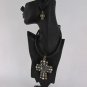 New Women Brown Rope Large Gold Metal Cross Fashion Necklace Rhinestones Earring
