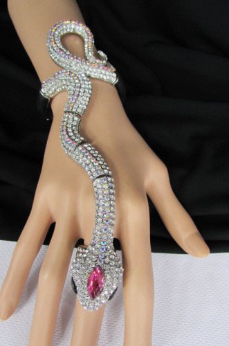 New Women Silver Metal Long Hand Chain Snake Fashion Wrapped Bracelet Rhinestone