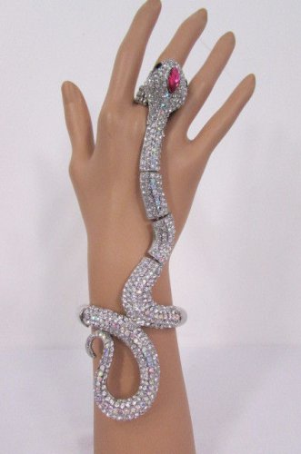 New Women Silver Metal Long Hand Chain Snake Fashion Jewelry Bracelet Rhinestone