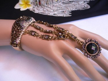 N WOMEN GOLD CUFF SILVER BLACK PEWTER RHINESTONE WAVES BRACELET SLAVE BEAD RING