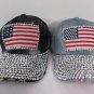New Women Light Denim Blue Baseball Cap Silver Rhinestone American Flag Hat USA