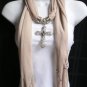NEW WOMEN BEIGE SOFT FABRIC SCARF NECKLACE SILVER BIG CROSS ROSE PENDANT ELEGANT