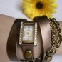 NEW WOMEN QUARTZ WATCH RUSTY GOLD BRONZE CHAINS FAUX LEATHER BRACELET RHINESTONE