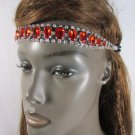 New Women Elastic Band Head Chain Fashion Jewelry Silver Rhinestones Red Beads