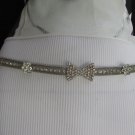 NEW WOMEN SILVER THIN METAL CHAINS BELT RHINSTONES FLOWERS BOW 27"-40" XS-L #12