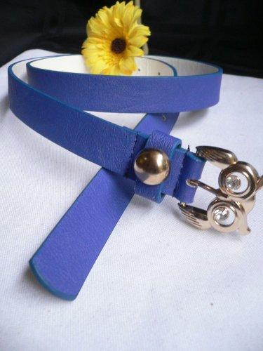 NEW WOMEN FAUX LEATHER THIN REAL BLUE FASHION BELT GOLD OWL BUCKLE 31"-38" M L