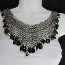 NEW WOMEN PEWTER METAL CHAINS WIDE FASHION NECKLACE BLACK DROPS + EARRINGS SET