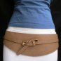 NEW WOMEN WIDE CURVED BEIGE FAUX LEATHER BELT GOLD TWISTED BUCKLE 27"-37" S / M
