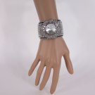 NEW WOMEN SILVER FLOWER FASHION BLACK LEATHER BRACELET CRYSTALS MULTI RHINESTONE