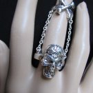 NEW WOMEN 2014 TWO SILVER METAL ELASTIC FASHION DOUBLE RING CHAIN SKULL + BONES