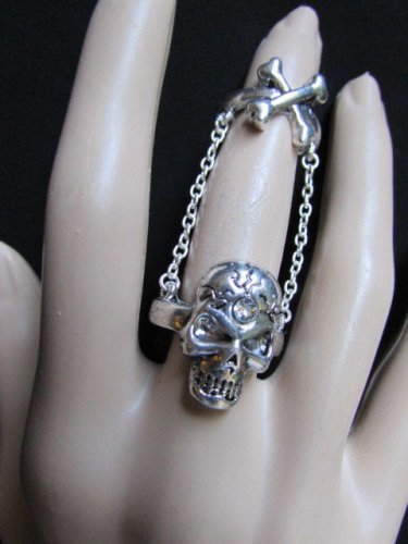 NEW WOMEN 2014 TWO SILVER METAL ELASTIC FASHION DOUBLE RING CHAIN SKULL + BONES