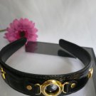 NEW WOMEN BLACK FAUX PATENT LEATHER FASHION HEADBAND GOLD CIRCLE LINK SIDE X X