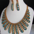 NEW WOMEN GOLD FLOWER STATEMENT JEWELRY BROWN BLUE RHINESTONES NECKLACE EARRINGS