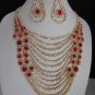 NEW WOMEN GOLD METAL STATEMENT JEWELRY SILVER RED RHINESTONES NECKLACE +EARRINGS