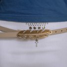 NEW WOMEN HIP WAIST THIN IVORY FASHION BELT GOLD FEATHER BUCKLE 34"-39" M L