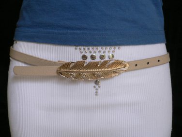NEW WOMEN HIP WAIST THIN IVORY FASHION BELT GOLD FEATHER BUCKLE 34"-39" M L