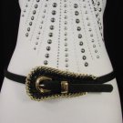 New Women Black Thin Hip Waist Faux Leather Fashion Belt Gold Chains 28"-36" S M