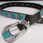 New Western Black Belt Genuine Leather Big Turquoise Squares Stones Buckle M / L