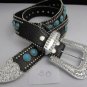 New Western Fashion Black Belt Genuine Leather Turquoise Stone Square Buckle M L