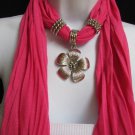 NEW WOMEN PINK FASHION SOFT SCARF NECKLACE BIG SILVEL METAL FLOWER LARGE PENDANT