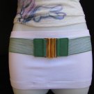 NEW WOMEN HIP WAIST ELASTIC GREEN FABRIC FASHION BELT GOLD BUCKLE 27"-40" S-XL