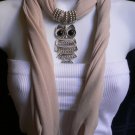 NEW WOMEN BEIGE SOFT SCARF FASHION CASUAL NECKLACE BIG SILVER TRENDY OWL PENDANT