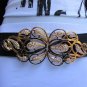 WOMEN ELASTIC NAVY BLUE FASHION BELT GOLD METAL FLOWER BUCKLE 30"-40" S M L XL