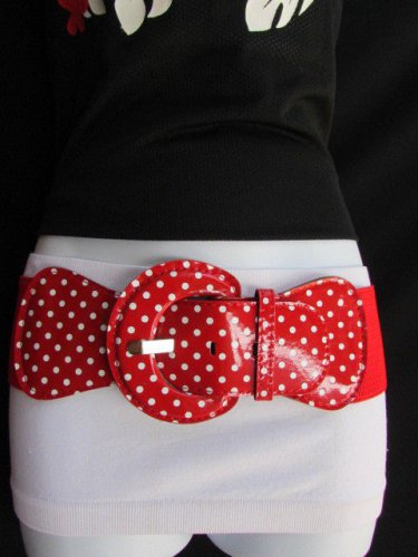 WOMEN HOT HIP HIP WAIST ELASTIC RED FASHION BELT WHITE POLKA DOTS 30"-42" M L XL