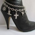 NEW WOMEN SILVER CHAIN BOOT STRAP CROSS BULL HOERSHOE STRAND WESTERN SHOES CHARM