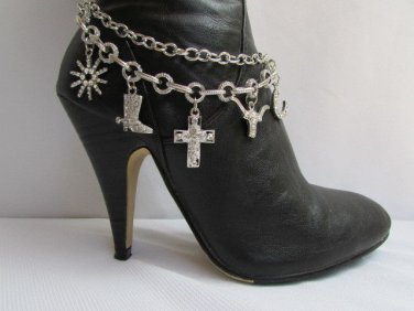 NEW WOMEN SILVER CHAIN BOOT STRAP CROSS BULL HOERSHOE STRAND WESTERN SHOES CHARM