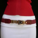 NEW WOMEN ELASTIC HIP HIGH WAIST RED THIN BELT LONG SILVER BUCKLE 26"-37" XS S M