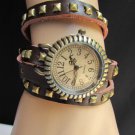 NEW WOMEN WATCH RUSTY GOLD DARK BROWN FAUX LEATHER WRAP AROUND FASHION BRACELET