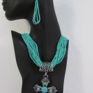 New Women 16" Long turquoise Beads Chain Necklace Large Metal Cross Pendant