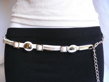 NEW WOMEN WHITE FAUX LEATHER THIN FASHION BELT WAIST / HIP SILVER CHAINS METAL