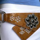 NEW WOMEN HIP BROWN WIDE FASHION BELT BIG FLOWER BLACK BEADS RHINESTONES XS S M