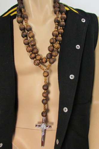 New 40" Extra Long Brown Wood Thick Balls Fashion Necklace Big Cross Pendant