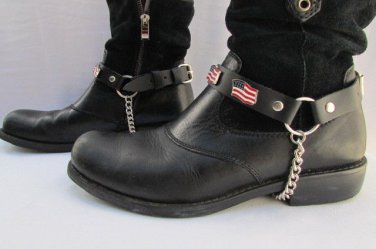 New Biker Western Boots Chains Pair Leather Straps American Flag USA 4th Of July