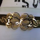 NEW WOMEN HIP WAIST ELASTIC BROWN FASHION BELT GOLD FLOWER BUCKLE 31"-40" S-L
