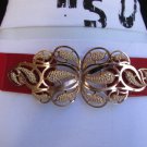 NEW WOMEN HIP WAIST ELASTIC RED FASHION BELT BIG GOLD FLOWER BUCKLE 31"-40" M/L