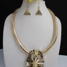 WOMEN GOLD METAL EGYPTIAN BIG HEAD PHARAOH CHAINS FASHION NECKLACE + EARRINGS