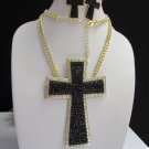 WESTER WOMEN GOLD METAL FASHION NECKLACE HUGE CROSS PENDANT BLACK RHINESTONES
