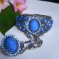 NEW WOMEN SILVER METAL CUFF SLAVE BRACELET RING BEADS BLUE FLOWER RHINESTONES