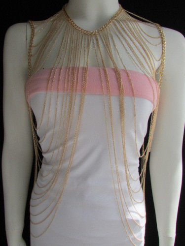 NEW WOMEN GOLD MULTI CHAINS CREW NECK WAVES METAL BODY JEWELRY LONG NECKLACE