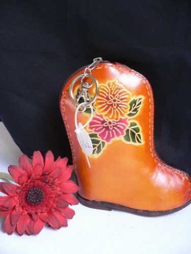 NEW WOMEN SMALL COIN BAG ORANGE COLOR COWBOY BOOT KEY CHAIN GENUINE LEATHER