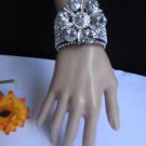 NEW WOMEN SILVER BIG FLOWER FASHION BLACK LEATHER BRACELET BEADS RHINESTONES