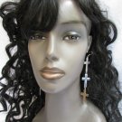 NEW WOMEN FASHION SILVER METAL CASUAL TRENDY EARRINGS SET LONG 3 CROSSES 5" DROP