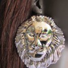 WOMEN FASHION SILVER METAL EARRINGS SET 3"/3" HUGE LION HEAD BIG CIECLE 3" DROP